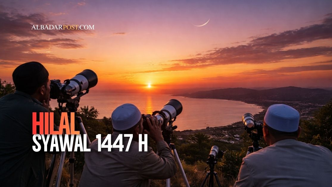 Ilustrasi pengamatan hilal di ufuk barat saat matahari terbenam menjelang penentuan awal Syawal 1447 H