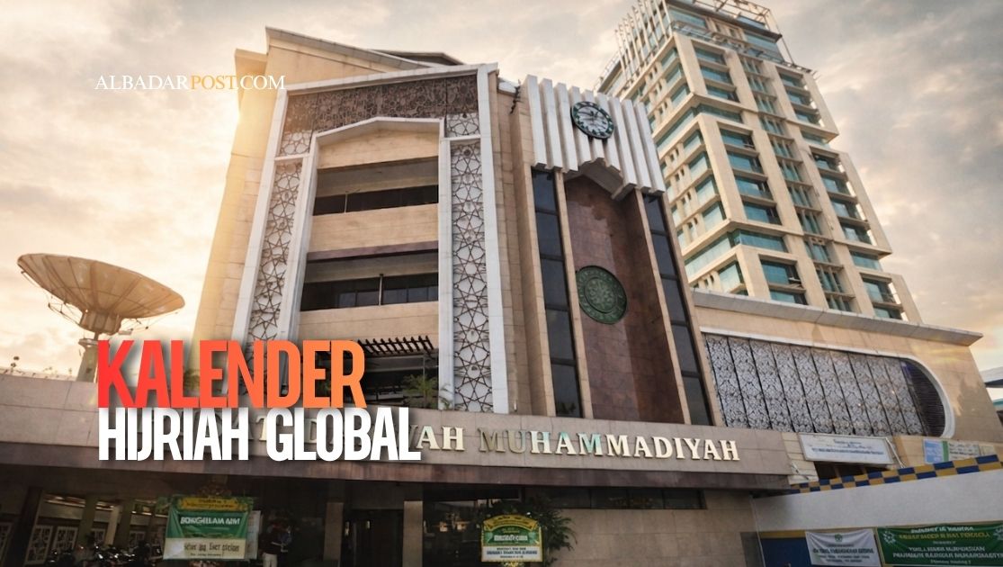 Ilustrasi kalender hijriah global dengan peta dunia dan penentuan hilal secara internasional