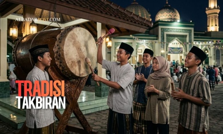 ilustrasi umat Islam mengumandangkan takbir malam Idul Fitri dengan suasana meriah dan penuh kebersamaan