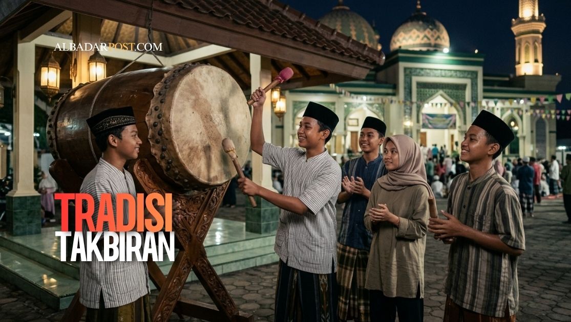 ilustrasi umat Islam mengumandangkan takbir malam Idul Fitri dengan suasana meriah dan penuh kebersamaan