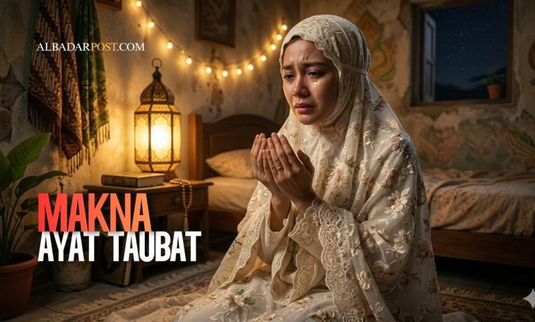 Ilustrasi refleksi spiritual seorang muslim memahami makna ayat taubat dalam Al-Qur’an dengan suasana tenang dan penuh harapan.