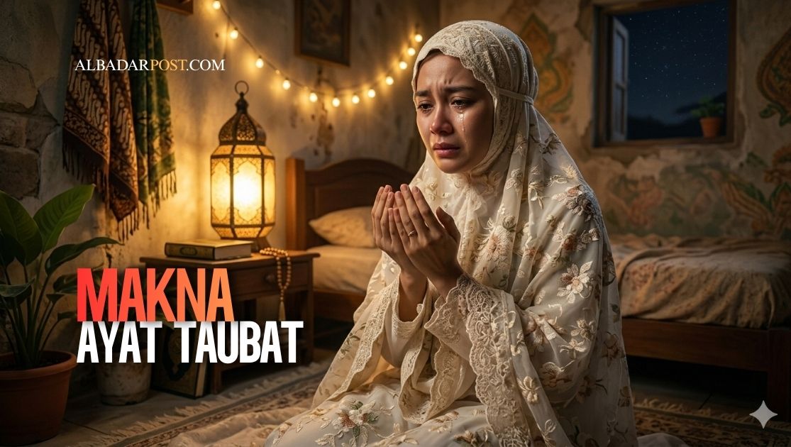 Ilustrasi refleksi spiritual seorang muslim memahami makna ayat taubat dalam Al-Qur’an dengan suasana tenang dan penuh harapan.