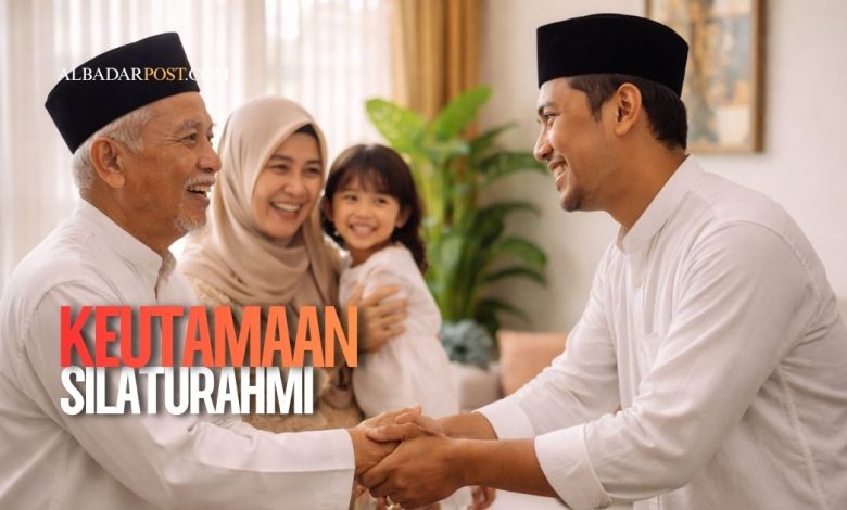 Ilustrasi keluarga Muslim bersilaturahmi saling berjabat tangan dengan suasana hangat penuh kebahagiaan di ruang tamu rumah