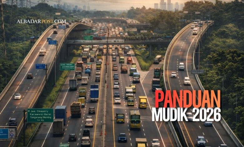 Arus kendaraan pemudik di jalan tol Indonesia saat perjalanan mudik Lebaran 2026 menuju kampung halaman.