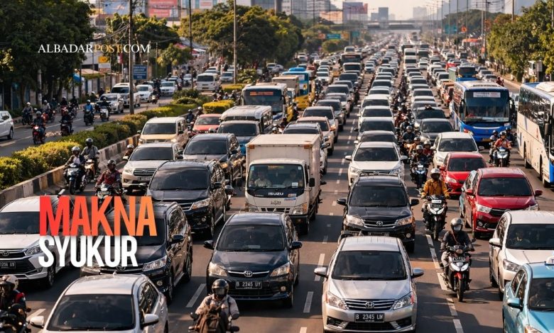 Ilustrasi kemacetan jalan raya dengan banyak kendaraan sebagai metafora kehidupan yang penuh tekanan dan pentingnya makna syukur