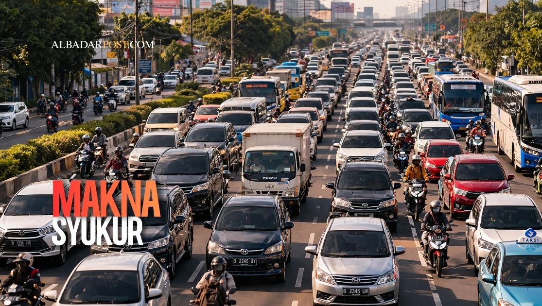 Ilustrasi kemacetan jalan raya dengan banyak kendaraan sebagai metafora kehidupan yang penuh tekanan dan pentingnya makna syukur