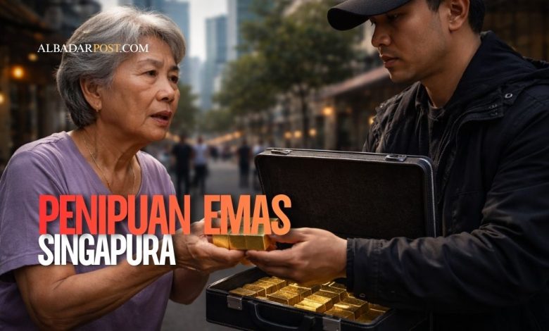 Ilustrasi penipuan emas dengan pelaku menyerahkan barang berharga dalam transaksi mencurigakan di area perkotaan