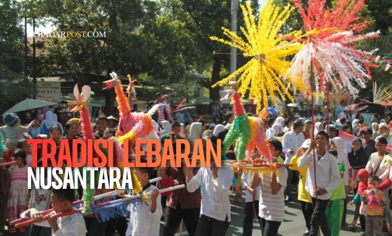 Tradisi lebaran Nusantara dengan masyarakat mengenakan pakaian adat dan berkumpul dalam perayaan budaya daerah