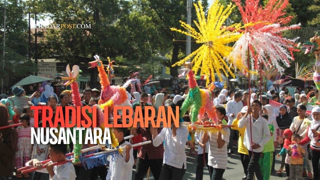 Tradisi lebaran Nusantara dengan masyarakat mengenakan pakaian adat dan berkumpul dalam perayaan budaya daerah