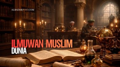 Ilustrasi ilmuwan Muslim klasik sedang meneliti dengan buku dan alat sains di ruang perpustakaan kuno