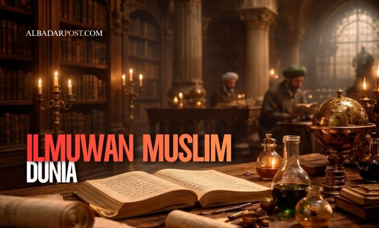 Ilustrasi ilmuwan Muslim klasik sedang meneliti dengan buku dan alat sains di ruang perpustakaan kuno