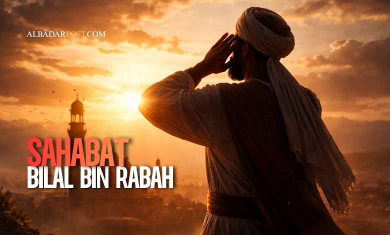 Ilustrasi Bilal bin Rabah mengumandangkan adzan dengan penuh keteguhan setelah terbebas dari perbudakan.