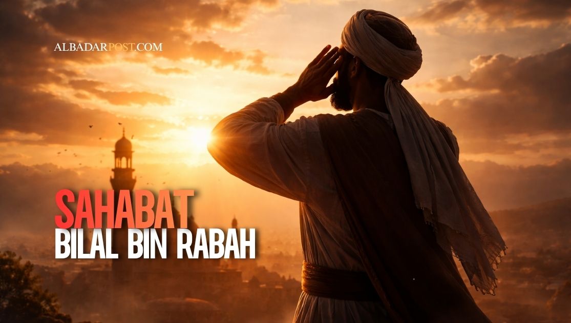 Ilustrasi Bilal bin Rabah mengumandangkan adzan dengan penuh keteguhan setelah terbebas dari perbudakan.