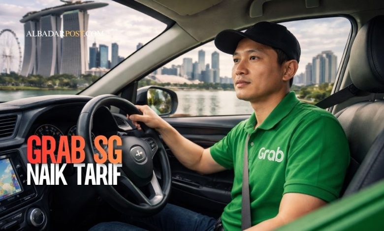 Ilustrasi pengemudi Grab di Singapura dengan latar kota modern dan grafik kenaikan tarif akibat lonjakan harga BBM global.