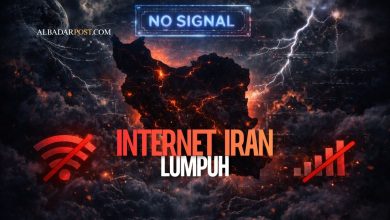 Ilustrasi peta Iran gelap tanpa koneksi internet dengan simbol jaringan terputus, menggambarkan pemadaman internet nasional.