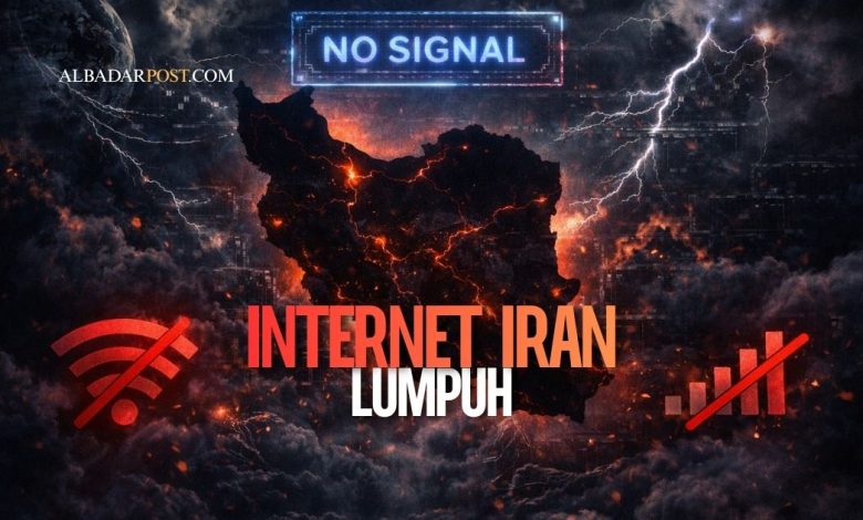 Ilustrasi peta Iran gelap tanpa koneksi internet dengan simbol jaringan terputus, menggambarkan pemadaman internet nasional.
