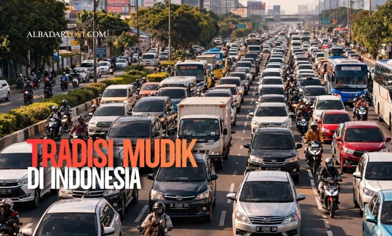 Ilustrasi tradisi mudik Indonesia saat Lebaran dengan kendaraan memenuhi jalan raya menuju kampung halaman