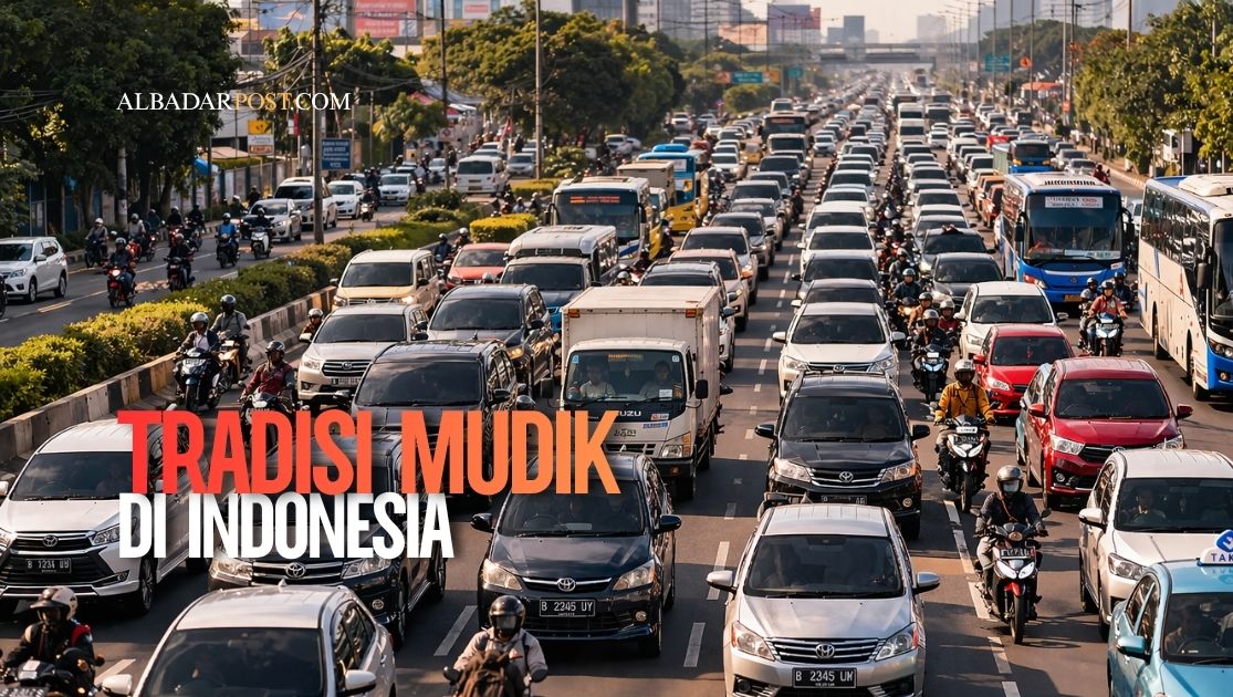 Ilustrasi tradisi mudik Indonesia saat Lebaran dengan kendaraan memenuhi jalan raya menuju kampung halaman