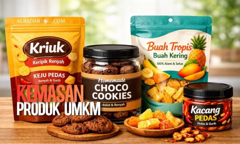 kemasan produk UMKM makanan ringan dengan desain menarik dan modern untuk meningkatkan penjualan