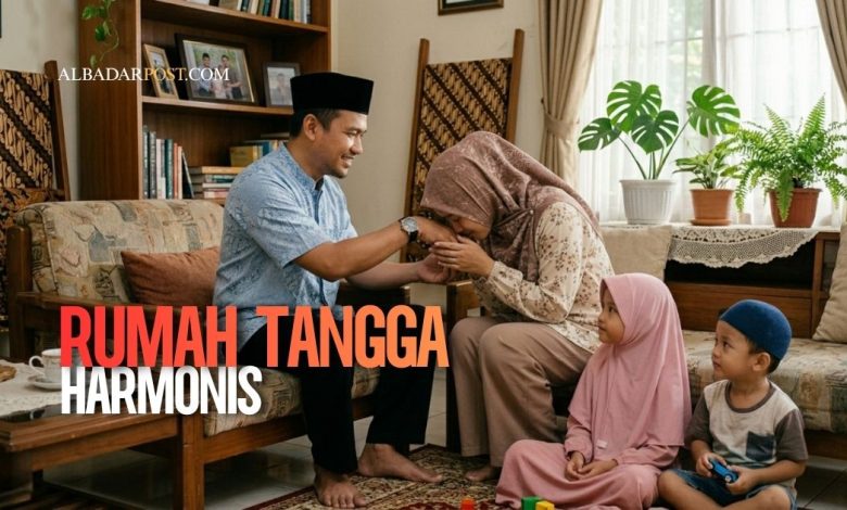 Ilustrasi pasangan suami istri muslim saling memaafkan dengan suasana hangat dan penuh ketenangan