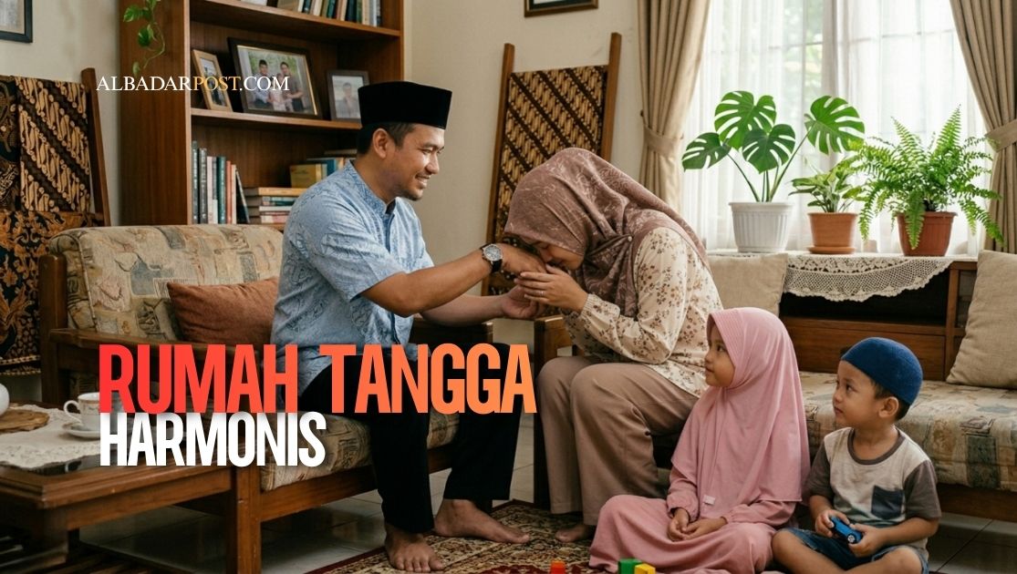 Ilustrasi pasangan suami istri muslim saling memaafkan dengan suasana hangat dan penuh ketenangan