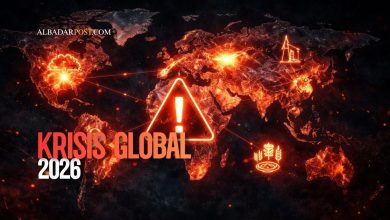 Ilustrasi peta dunia gelap dengan simbol krisis global 2026, konflik geopolitik, dan gangguan ekonomi internasional.