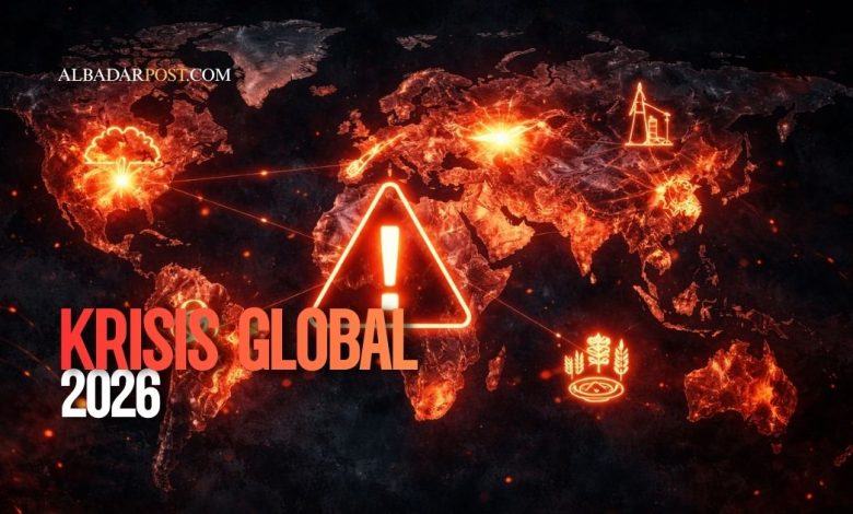 Ilustrasi peta dunia gelap dengan simbol krisis global 2026, konflik geopolitik, dan gangguan ekonomi internasional.