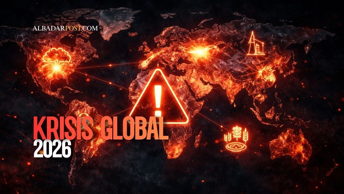 Ilustrasi peta dunia gelap dengan simbol krisis global 2026, konflik geopolitik, dan gangguan ekonomi internasional.
