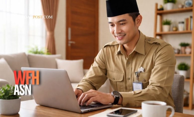 Ilustrasi ASN bekerja dari rumah dengan laptop untuk kebijakan WFH ASN guna menghemat BBM nasional