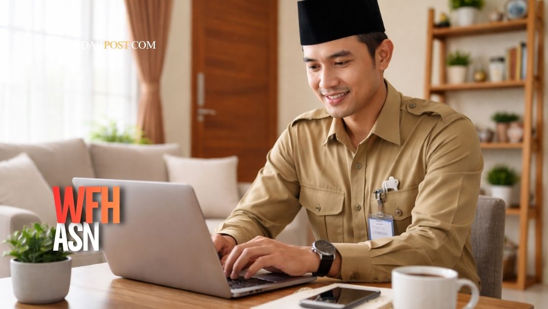 Ilustrasi ASN bekerja dari rumah dengan laptop untuk kebijakan WFH ASN guna menghemat BBM nasional