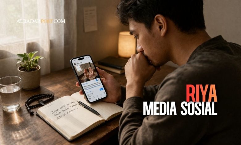 Ilustrasi seseorang merenung setelah posting ibadah di media sosial karena takut riya