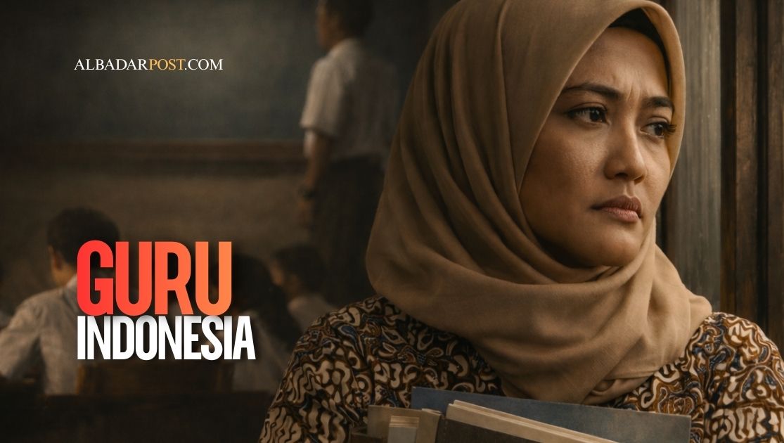 Guru Indonesia sedang mengajar di kelas dengan laptop dan buku pelajaran menggambarkan tantangan guru di era digital