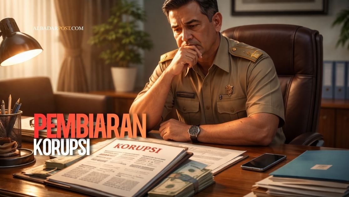 Ilustrasi pejabat atau pimpinan yang menerima laporan korupsi namun memilih diam di meja kerjanya