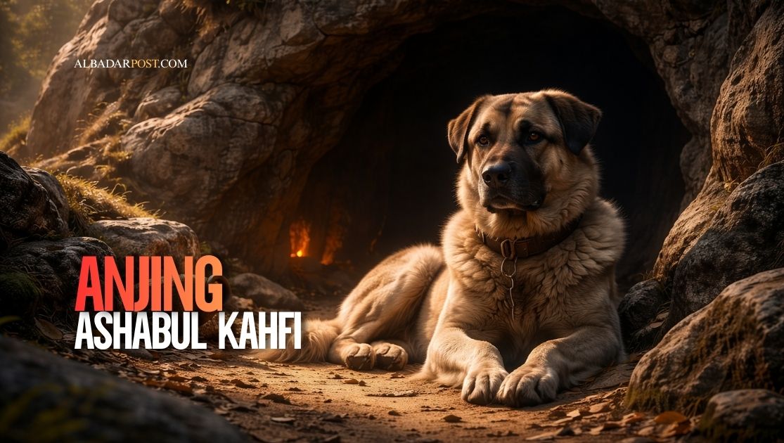 Ilustrasi anjing Ashabul Kahfi bernama Qitmir menjaga pintu gua tempat para pemuda beriman tertidur ratusan tahun.