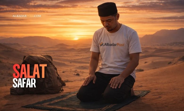 Ilustrasi seorang musafir melaksanakan salat safar di perjalanan dengan latar gurun dan langit senja.