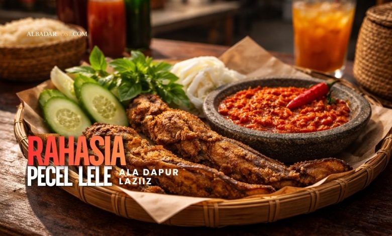 Ilustrasi pecel lele goreng renyah dengan sambal pedas dan lalapan kemangi khas warung kaki lima.