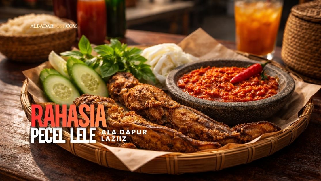 Ilustrasi pecel lele goreng renyah dengan sambal pedas dan lalapan kemangi khas warung kaki lima.