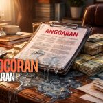 Ilustrasi meja pejabat dengan dokumen anggaran yang bocor menggambarkan satir kebijakan efisiensi dan kebocoran anggaran negara.