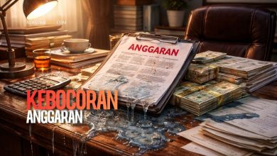 Ilustrasi meja pejabat dengan dokumen anggaran yang bocor menggambarkan satir kebijakan efisiensi dan kebocoran anggaran negara.