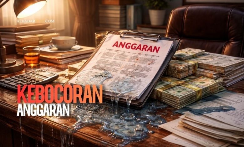 Ilustrasi meja pejabat dengan dokumen anggaran yang bocor menggambarkan satir kebijakan efisiensi dan kebocoran anggaran negara.