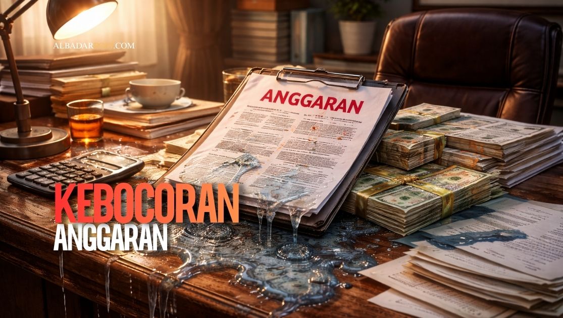 Ilustrasi meja pejabat dengan dokumen anggaran yang bocor menggambarkan satir kebijakan efisiensi dan kebocoran anggaran negara.