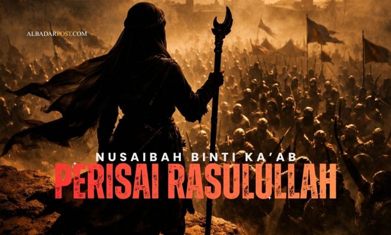 Ilustrasi Nusaibah binti Ka’ab mengangkat pedang melindungi Rasulullah di medan Perang Uhud dengan latar pasukan