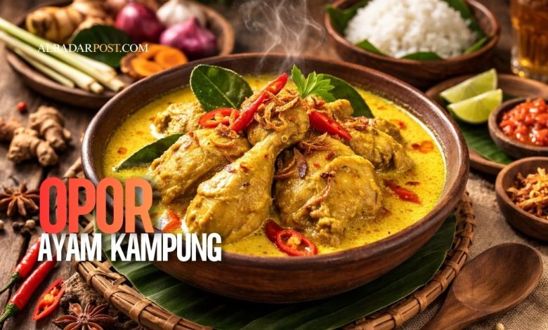 hidangan opor ayam kampung asli dengan kuah santan kental dan bumbu rempah tradisional khas Indonesia