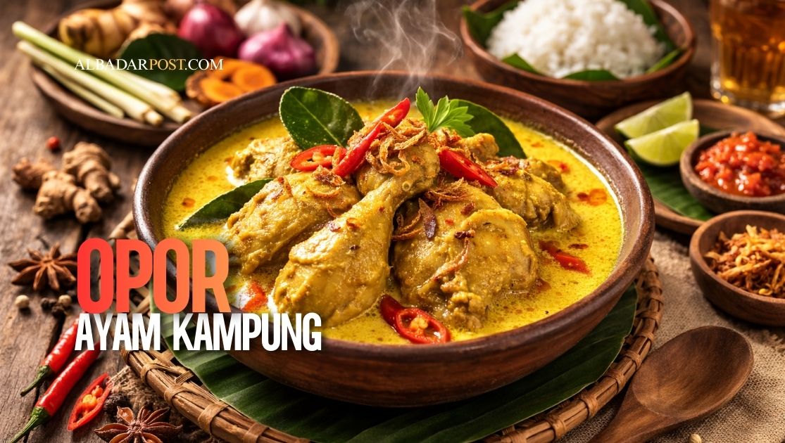 hidangan opor ayam kampung asli dengan kuah santan kental dan bumbu rempah tradisional khas Indonesia