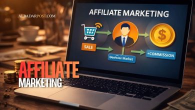 ilustrasi konsep affiliate marketing online dengan komisi penjualan dalam perspektif bisnis digital menurut Islam