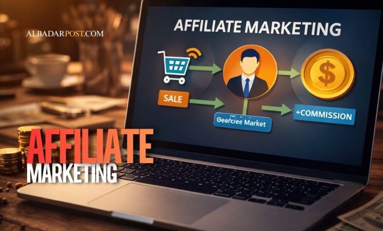 ilustrasi konsep affiliate marketing online dengan komisi penjualan dalam perspektif bisnis digital menurut Islam
