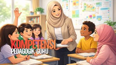 Ilustrasi guru mengajar di kelas yang menunjukkan penerapan kompetensi pedagogik dalam proses pembelajaran siswa.