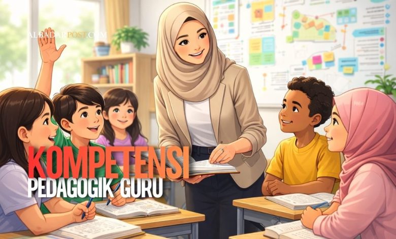 Ilustrasi guru mengajar di kelas yang menunjukkan penerapan kompetensi pedagogik dalam proses pembelajaran siswa.