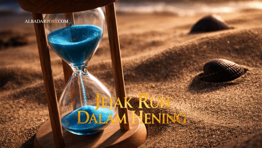 Ilustrasi jam pasir dengan kutipan Surat Al-‘Ashr tentang waktu, iman, amal saleh, dan kesabaran.
