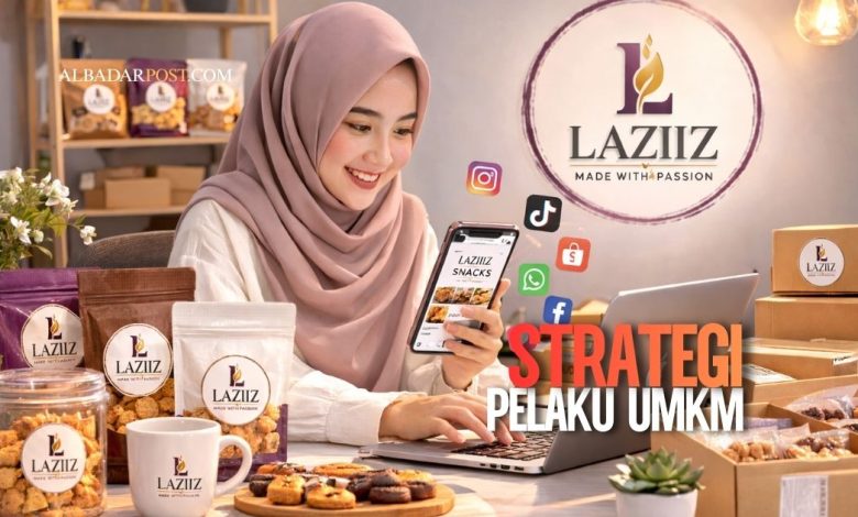 Ilustrasi pelaku UMKM menggunakan smartphone dan laptop untuk memasarkan produk secara online melalui media sosial dan marketplace.
